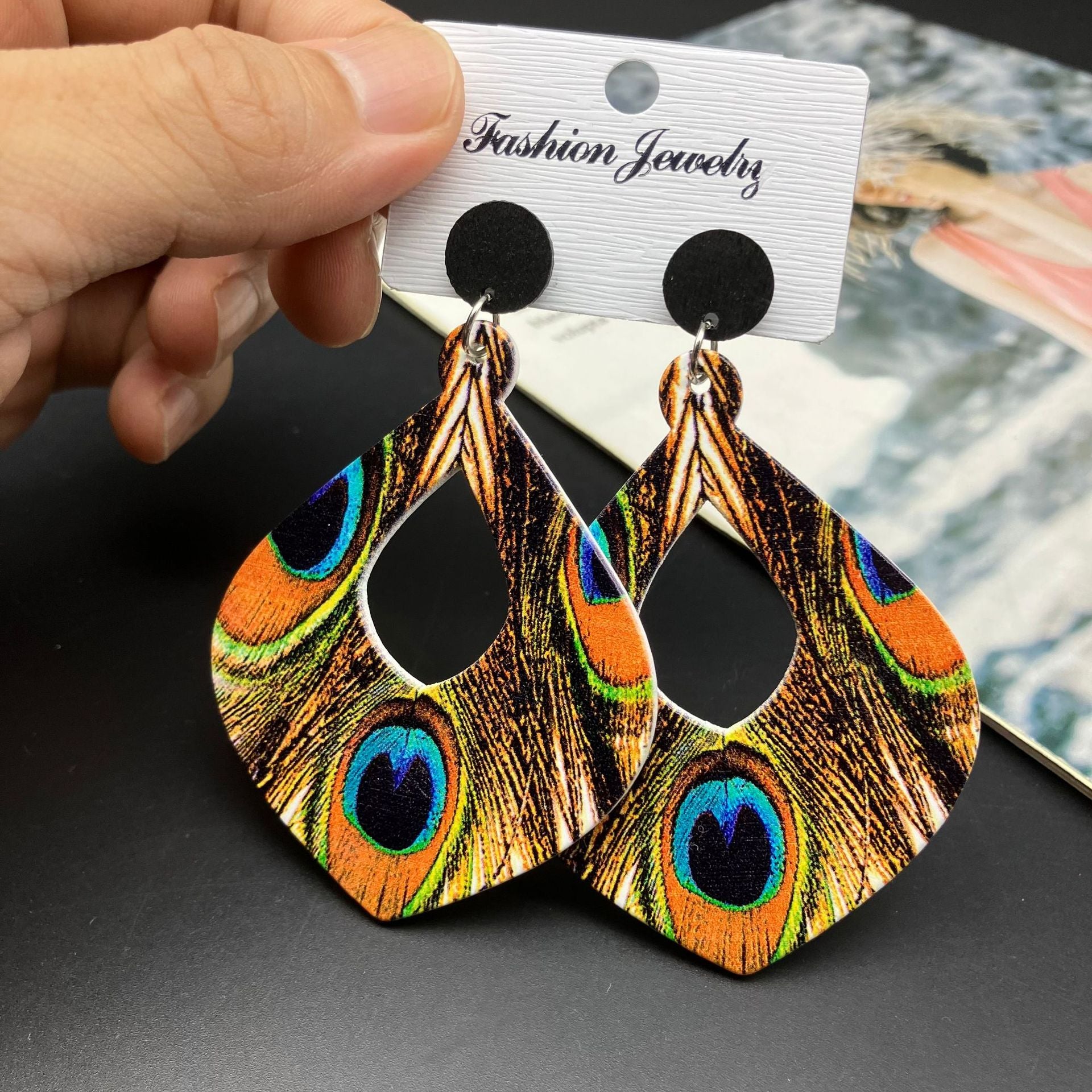 Wholesale Peacock Feather Wood Earrings